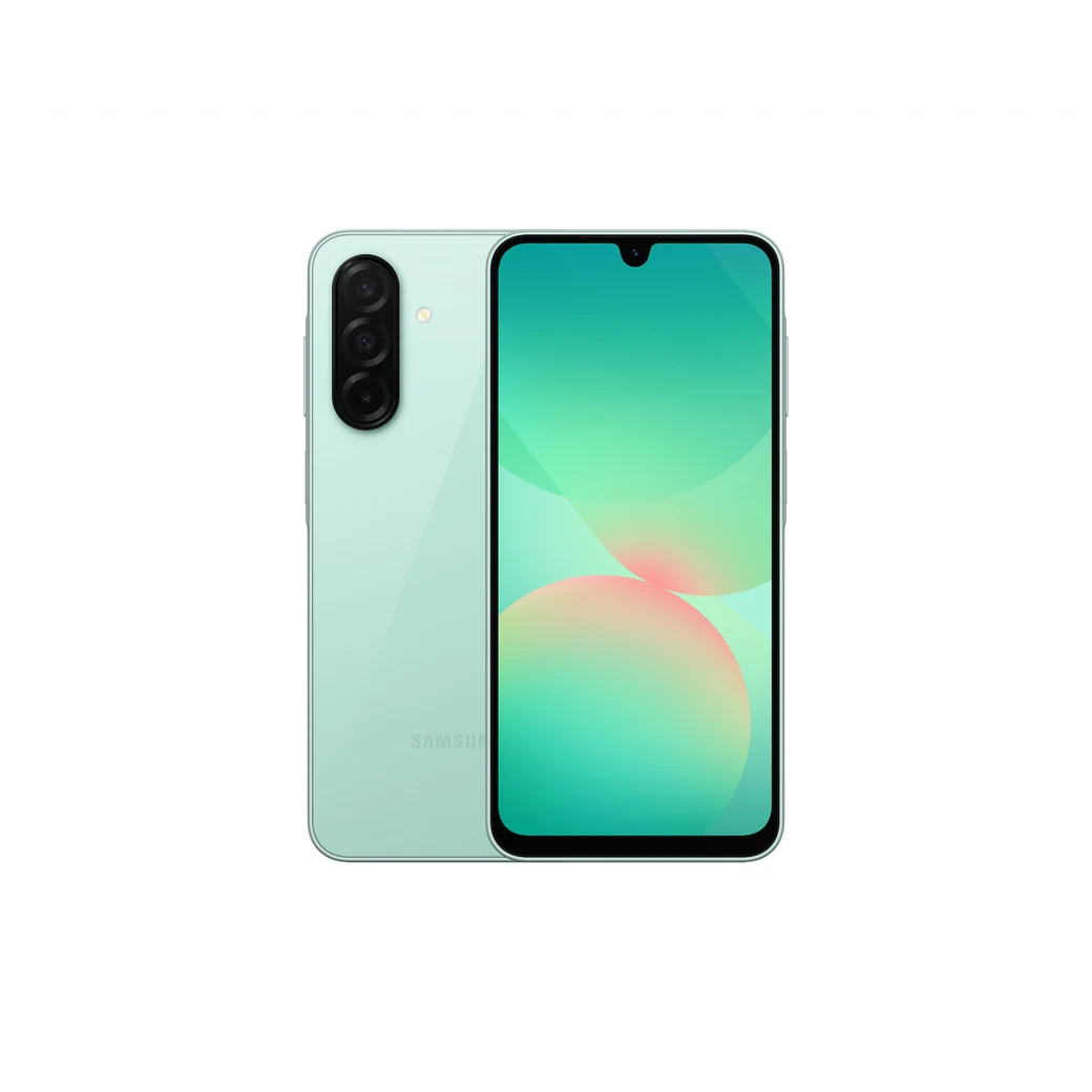 Galaxy A26 5G Verde claro, composición frontal y posterior oficial; visual de referencia, no inventario confirmado de Tecno Express