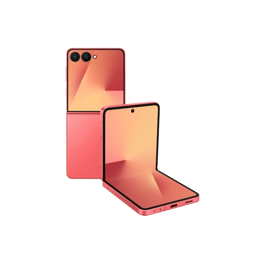 Galaxy Z Flip7 Coral, composición frontal y posterior oficial; visual de referencia, no inventario confirmado de Tecno Express
