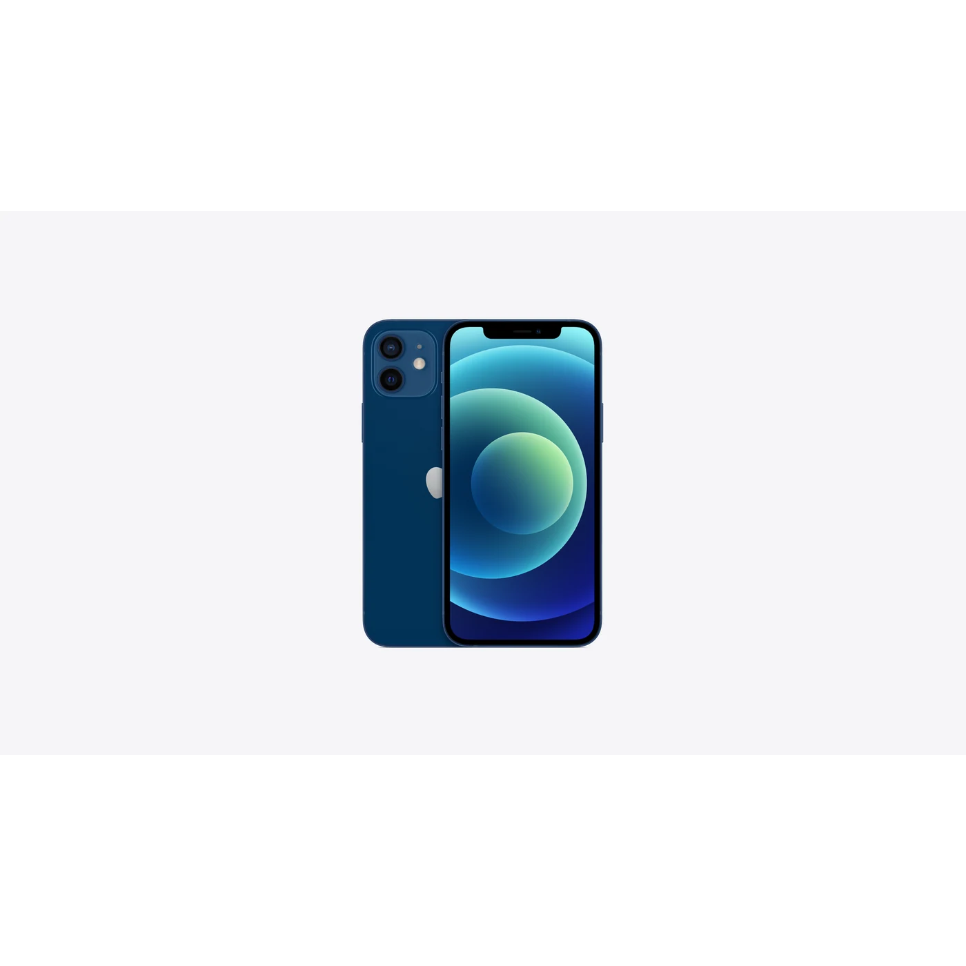 iPhone 12 Azul, composición frontal y posterior oficial; visual de referencia, no inventario confirmado de Tecno Express