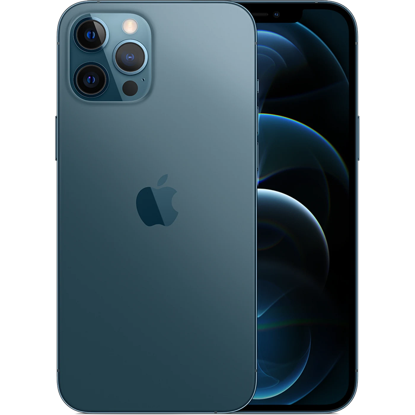 iPhone 12 Pro Max Azul Pacífico, composición frontal y posterior oficial; visual de referencia, no inventario confirmado de Tecno Express