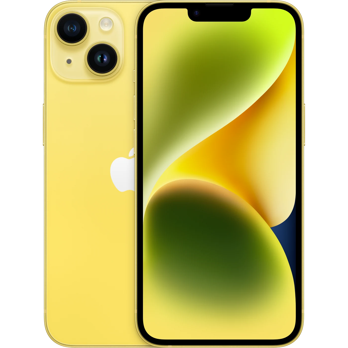 iPhone 14 Amarillo, composición frontal y posterior oficial; visual de referencia, no inventario confirmado de Tecno Express