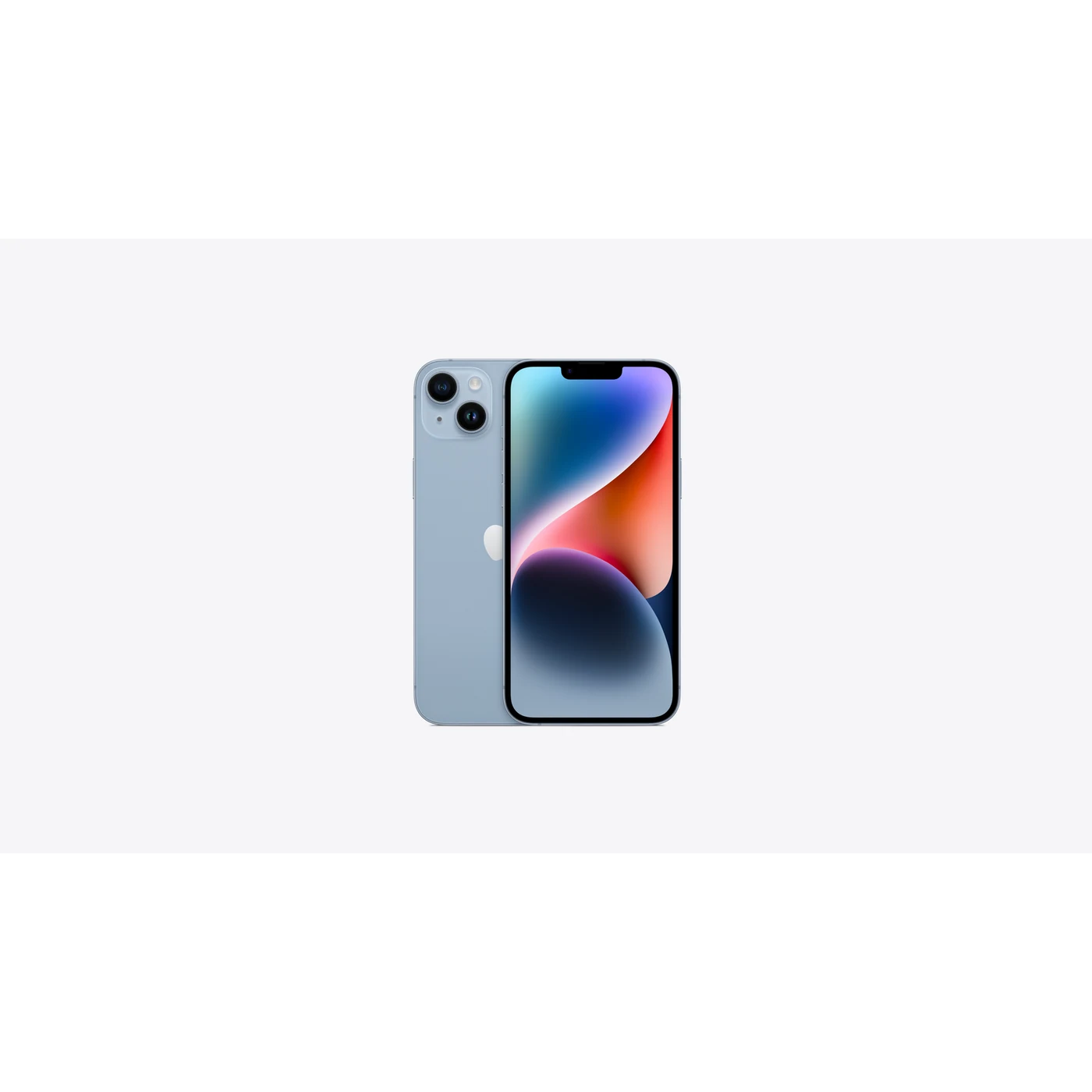 iPhone 14 Plus Azul, composición frontal y posterior oficial; visual de referencia, no inventario confirmado de Tecno Express