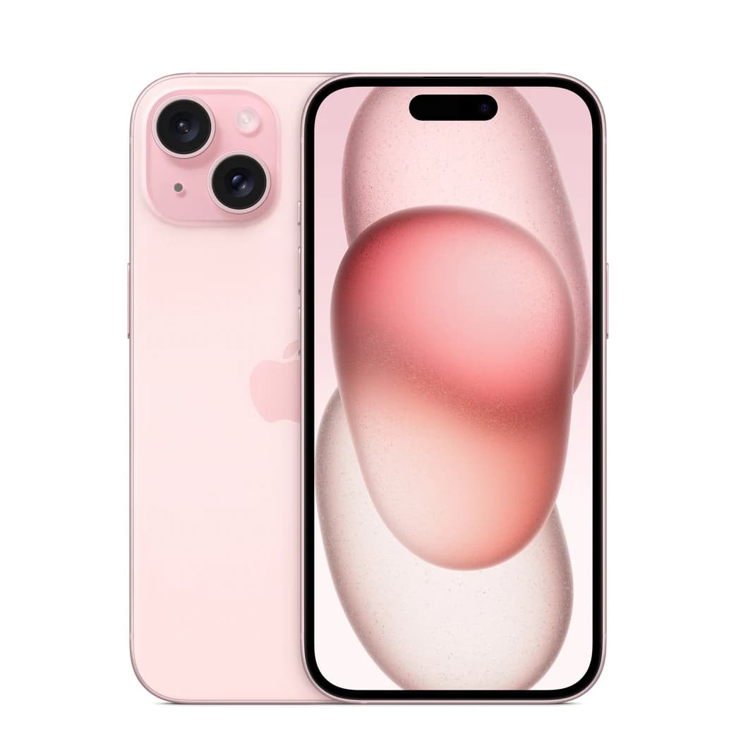 iPhone 15 Rosa, composición frontal y posterior oficial; visual de referencia, no inventario confirmado de Tecno Express