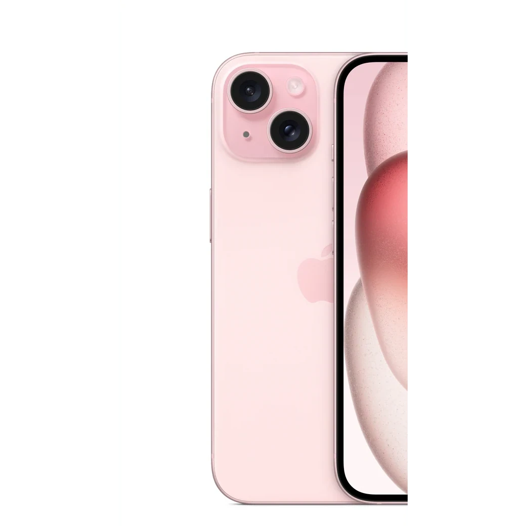 iPhone 15 Rosa, detalle posterior oficial; visual de referencia, no inventario confirmado de Tecno Express