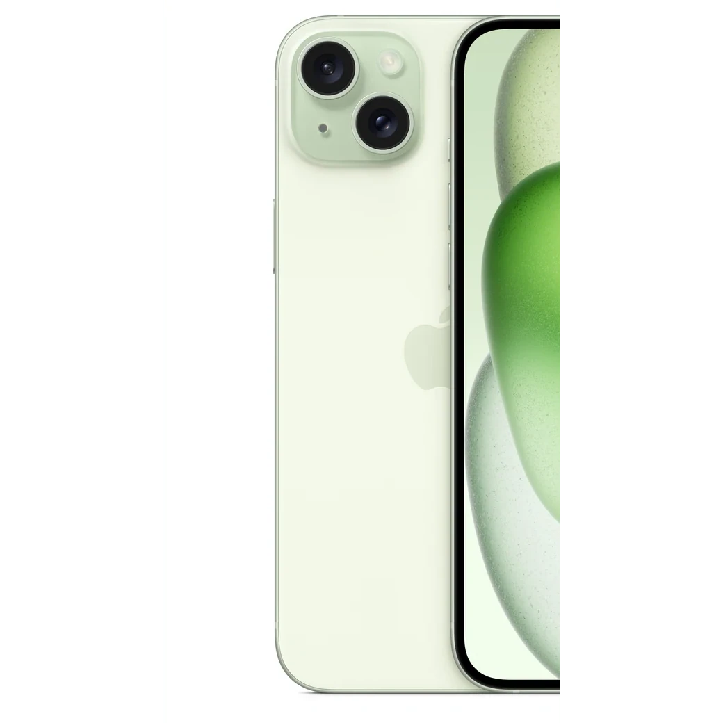 iPhone 15 Plus Verde, detalle posterior oficial; visual de referencia, no inventario confirmado de Tecno Express