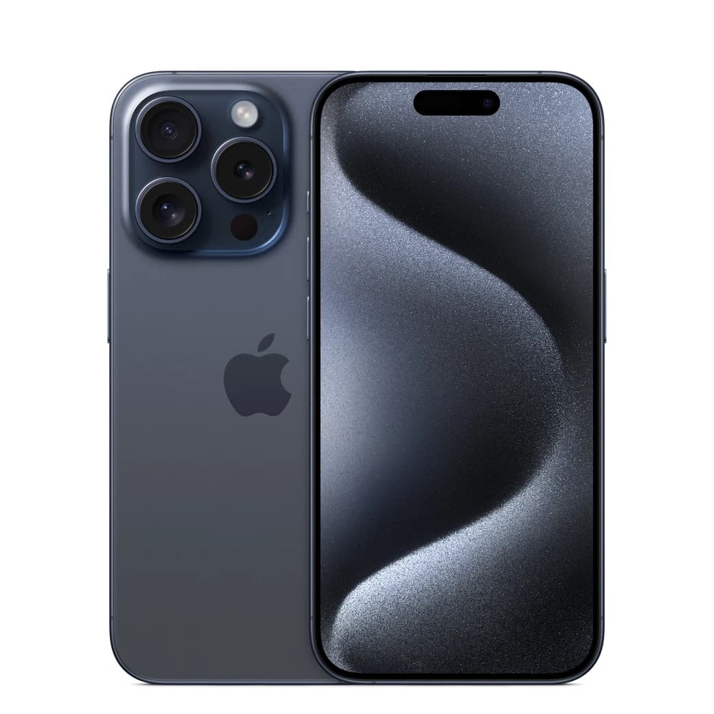 iPhone 15 Pro Titanio azul, composición frontal y posterior oficial; visual de referencia, no inventario confirmado de Tecno Express
