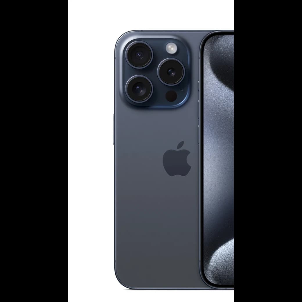 iPhone 15 Pro Titanio azul, detalle posterior oficial; visual de referencia, no inventario confirmado de Tecno Express