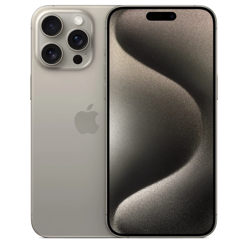 iPhone 15 Pro Max Titanio natural, composición frontal y posterior oficial; visual de referencia, no inventario confirmado de Tecno Express