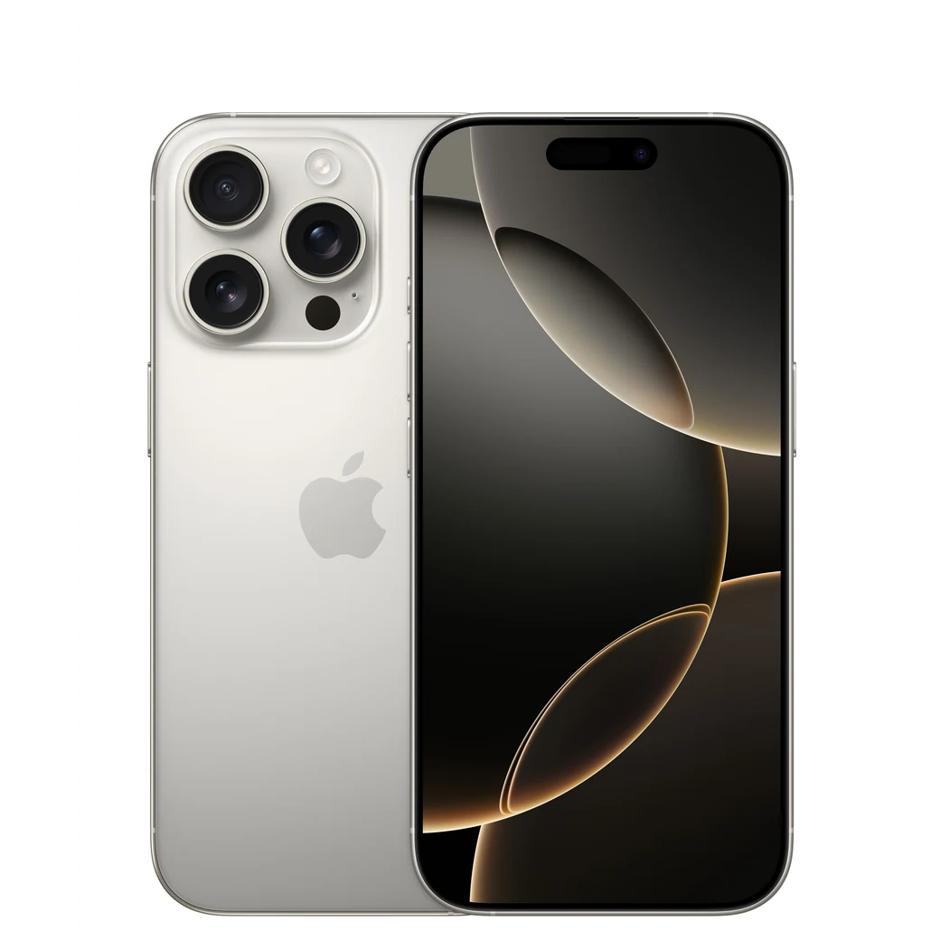 iPhone 16 Pro Titanio natural, composición frontal y posterior oficial; visual de referencia, no inventario confirmado de Tecno Express