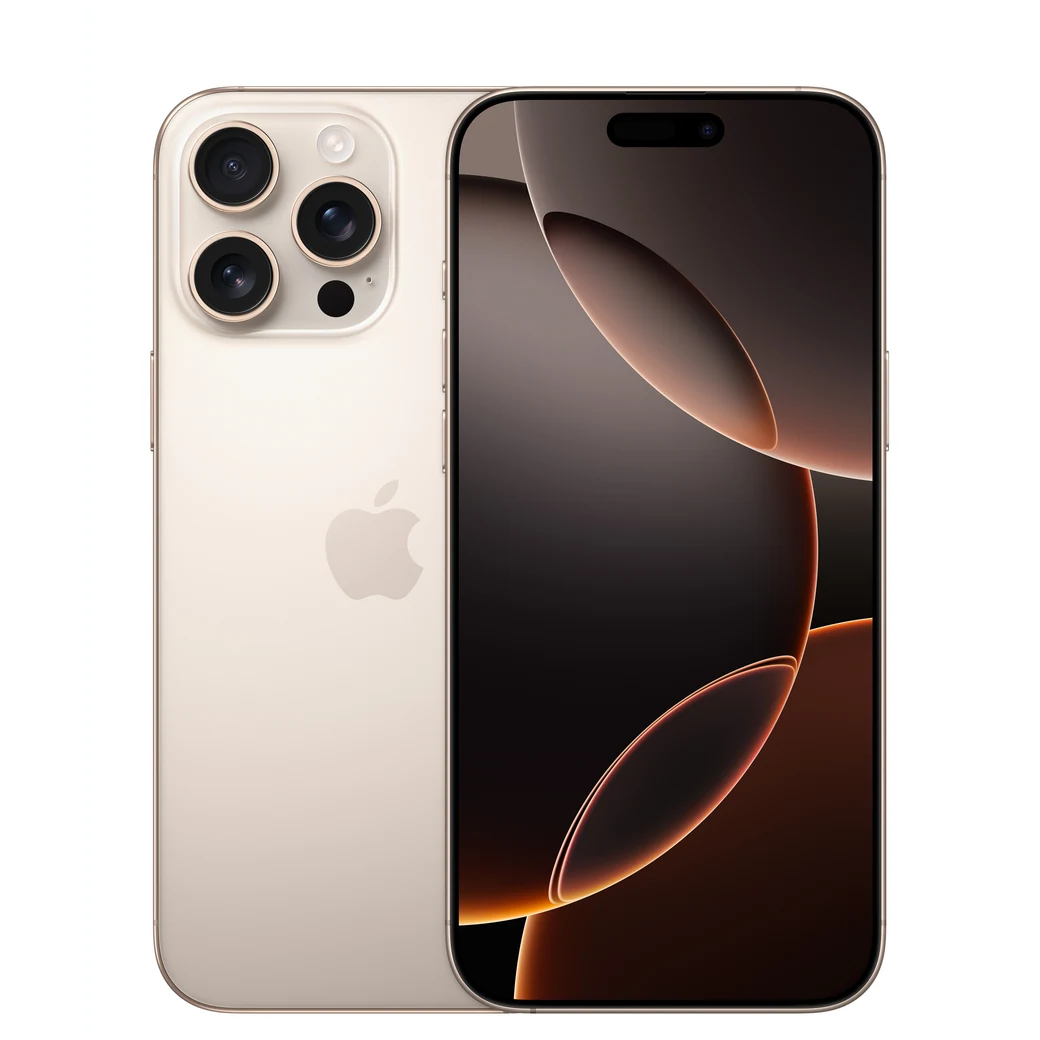 iPhone 16 Pro Max Titanio del desierto, composición frontal y posterior oficial; visual de referencia, no inventario confirmado de Tecno Express
