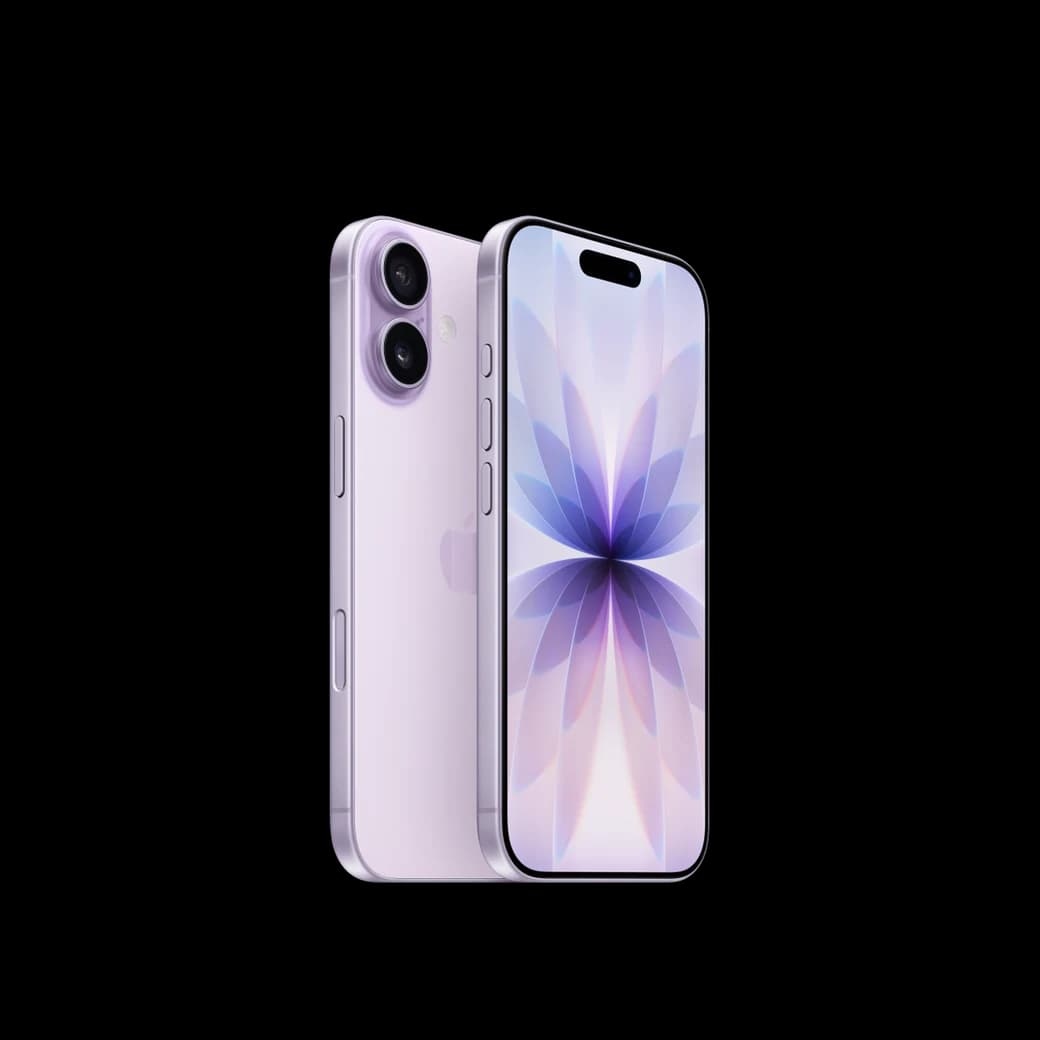 iPhone 17 Lavanda, composición frontal y posterior oficial; visual de referencia, no inventario confirmado de Tecno Express