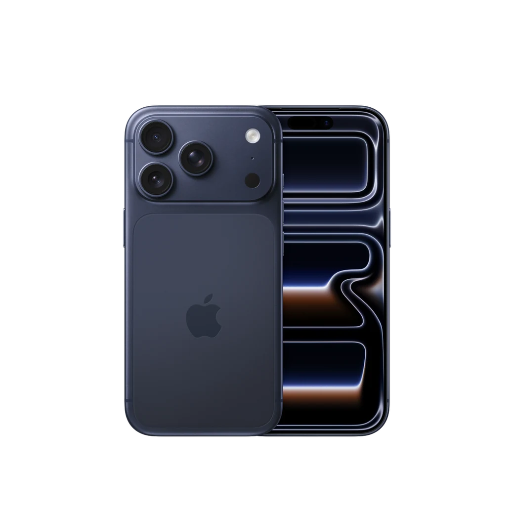 iPhone 17 Pro Azul profundo, composición frontal y posterior oficial; visual de referencia, no inventario confirmado de Tecno Express