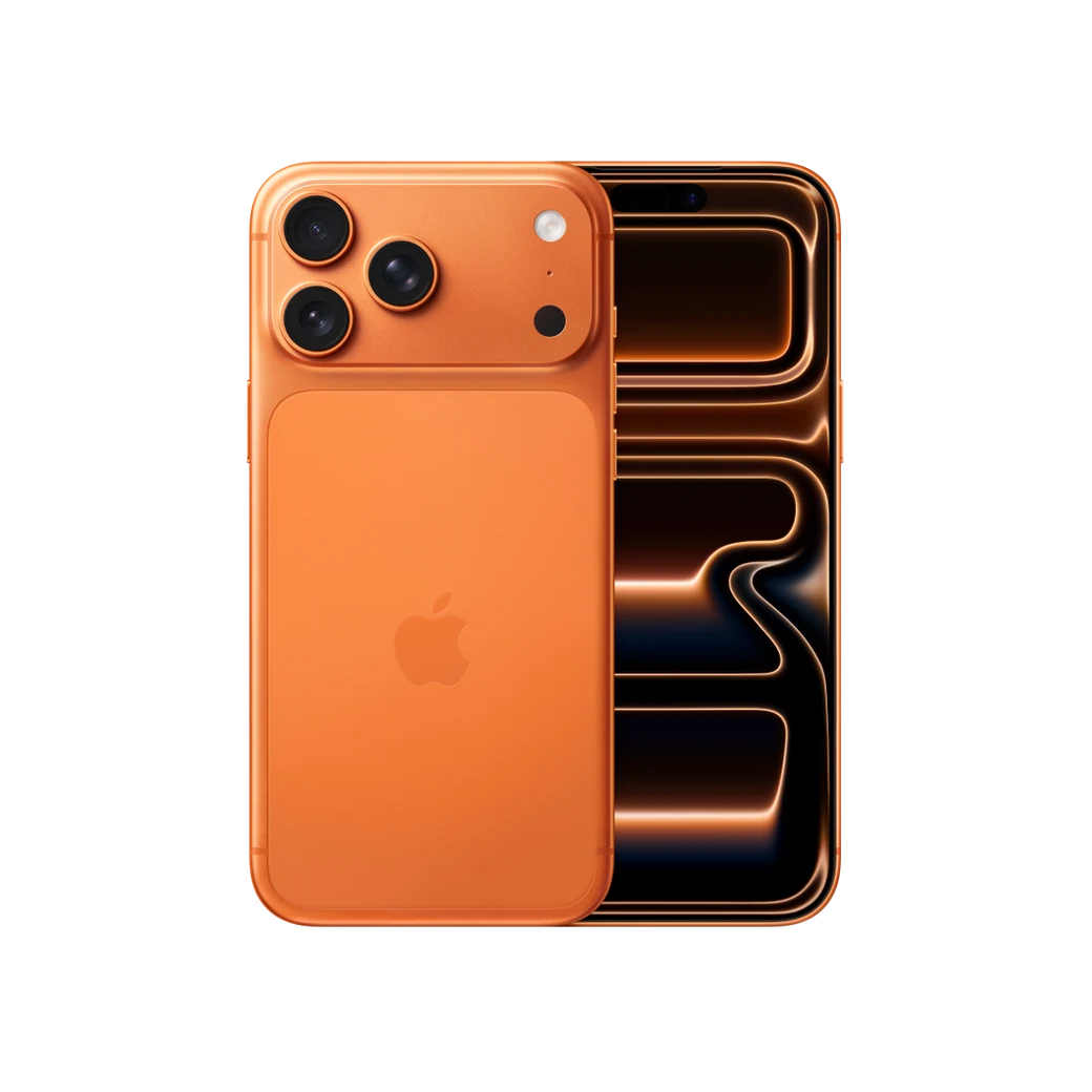 iPhone 17 Pro Max Naranja cósmico, composición frontal y posterior oficial; visual de referencia, no inventario confirmado de Tecno Express