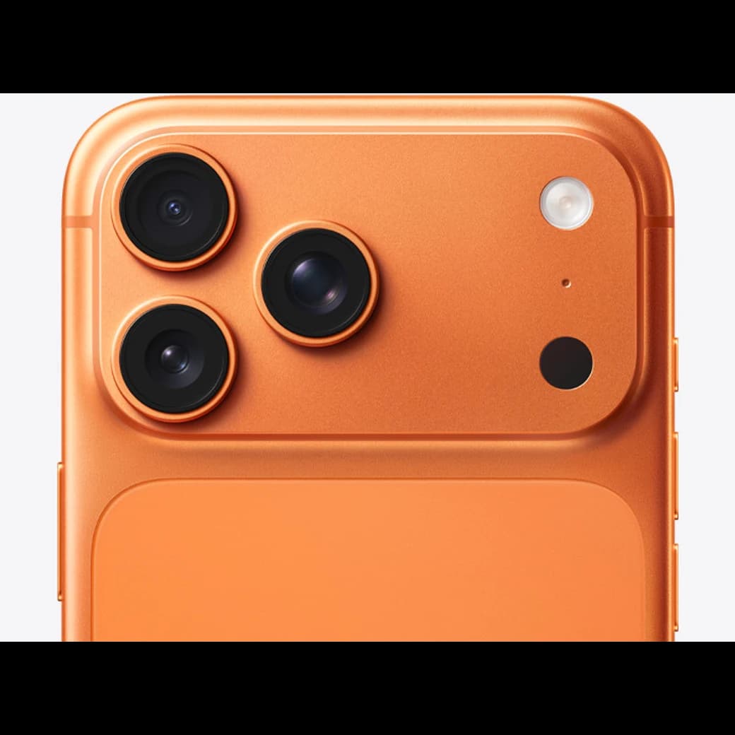 iPhone 17 Pro Max Naranja cósmico, detalle posterior oficial; visual de referencia, no inventario confirmado de Tecno Express